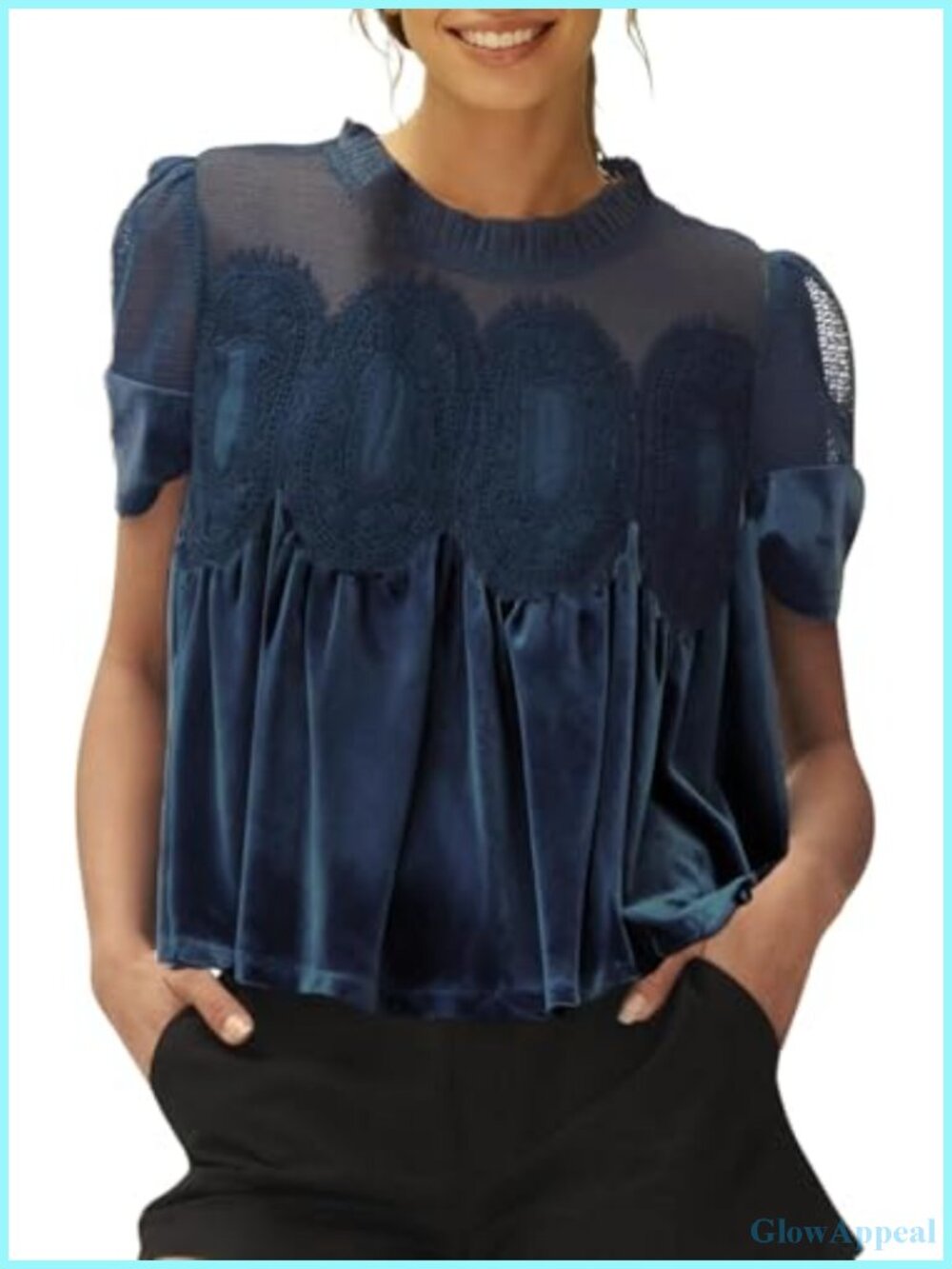 Velvet Scallop Hem Short Sleeve Lace Babydoll Blouse Flowy Swing Top